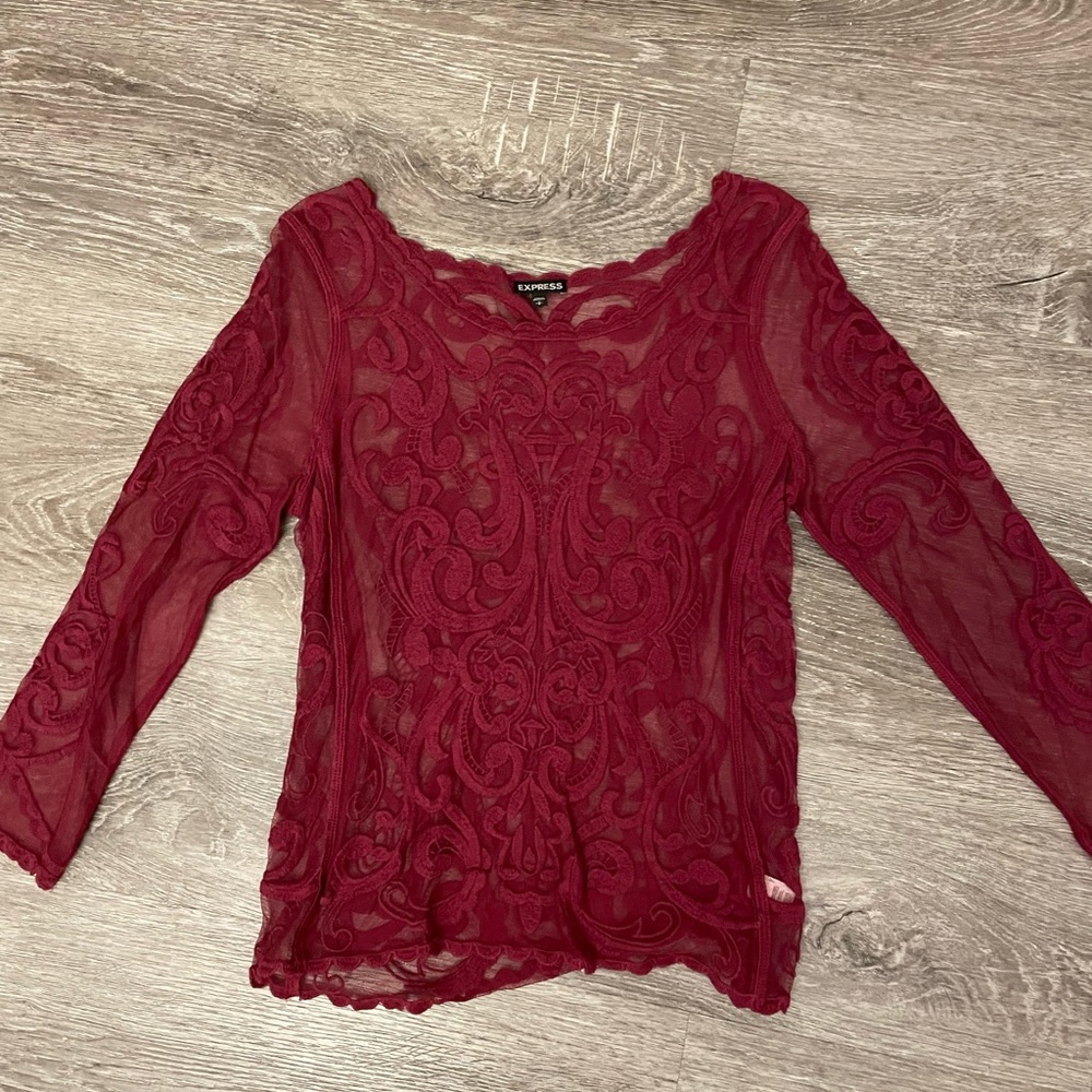 Gorgeous EXPRESS sheer embroidered burgundy red romantic lace blouse top SMALL
